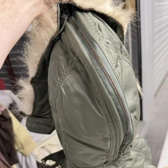 Vintage Military Style N-2B Flight Jacket Sage Green Faux Fur Hood Bomber Coat - Picture 5 of 10